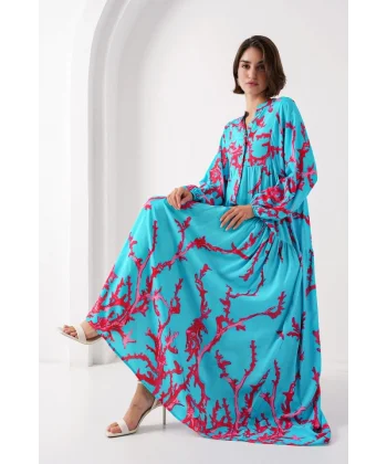 2423 Otantik Desenli Tesettür Elbise - Buz Mavi