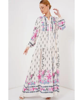 2423 Otantik Desenli Tesettür Elbise - C. Pembe