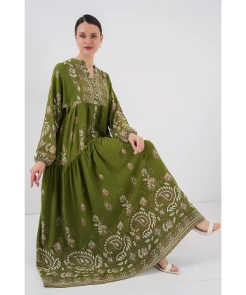 2423 Otantik Desenli Tesettür Elbise - D.Haki