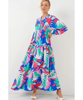 2423 Otantik Desenli Tesettür Elbise - D.Pembe