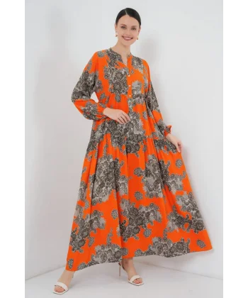 2423 Otantik Desenli Tesettür Elbise - E. Turuncu