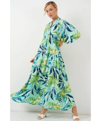 2423 Otantik Desenli Tesettür Elbise - E.Mint