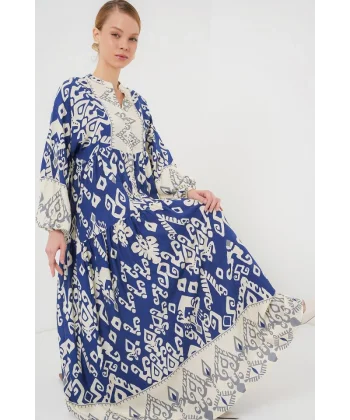 2423 Otantik Desenli Tesettür Elbise - İndigo 1