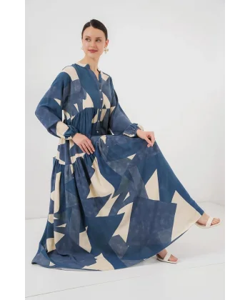 2423 Otantik Desenli Tesettür Elbise - K. İndigo