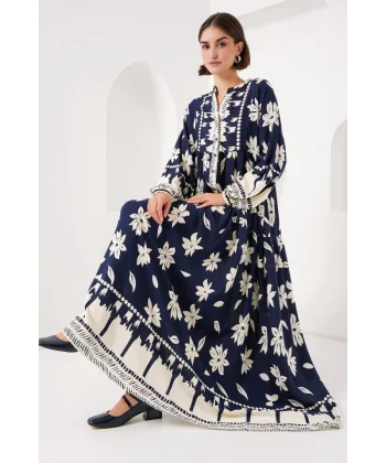 2423 Otantik Desenli Tesettür Elbise - L. Lacivert