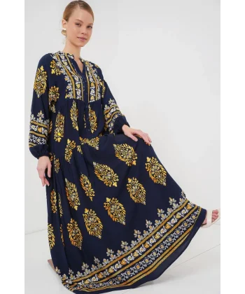 2423 Otantik Desenli Tesettür Elbise - Lacivert 2