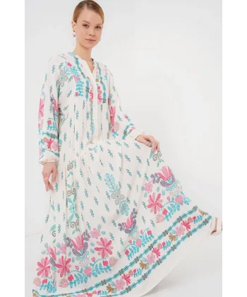 2423 Otantik Desenli Tesettür Elbise - M. Mavi