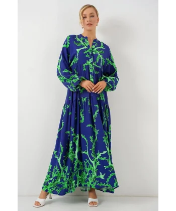 2423 Otantik Desenli Tesettür Elbise - MOR-YEŞİL