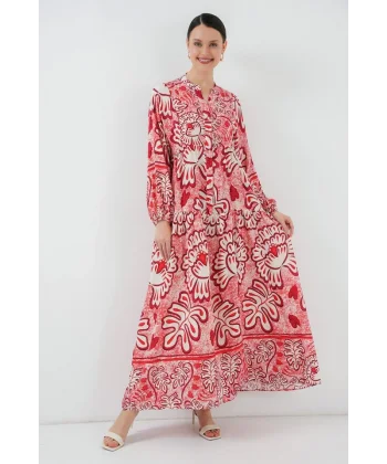 2423 Otantik Desenli Tesettür Elbise - N. Kırmızı