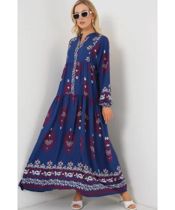 2423 Otantik Desenli Tesettür Elbise - Petrol 1