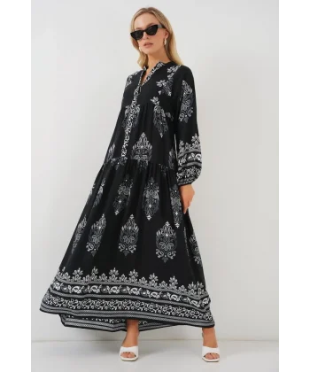 2423 Otantik Desenli Tesettür Elbise - Siyah 11
