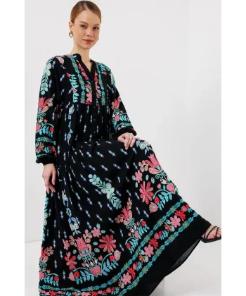 2423 Otantik Desenli Tesettür Elbise - Siyah -  Mint