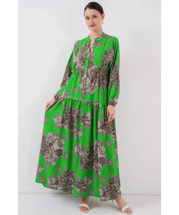 2423 Otantik Desenli Tesettür Elbise - Siyah - Yeşil