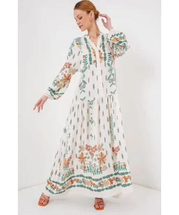 2423 Otantik Desenli Tesettür Elbise - Yeşil 10