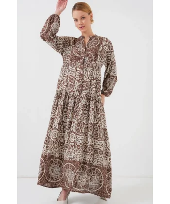 2423 Otantik Desenli Tesettür Elbise - Y.Kahve