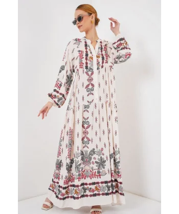 2423 Otantik Desenli Tesettür Elbise - Z. Kırmızı