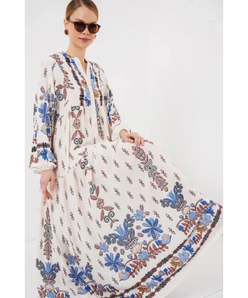 2423 Otantik Desenli Tesettür Elbise - Z. Mavi