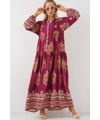 2423 Otantik Desenli Tesettür Elbise - Z.Bordo