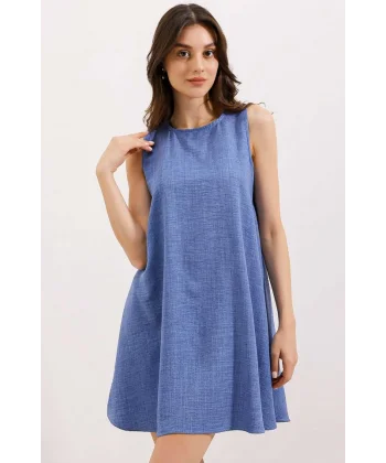 2444 Mini Keten Elbise  Mavi