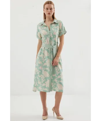 2455 Desenli Gömlek Elbise  Çağla