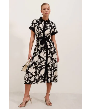 2455 Desenli Gömlek Elbise  Siyah
