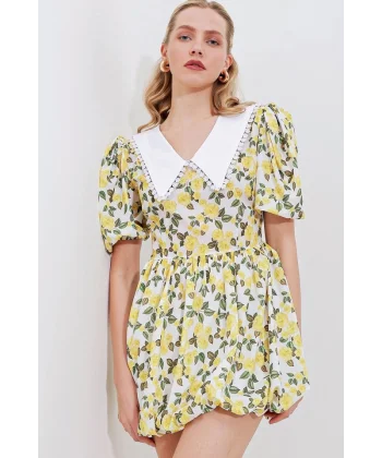2478 Çiçekli Mini Elbise  Sarı