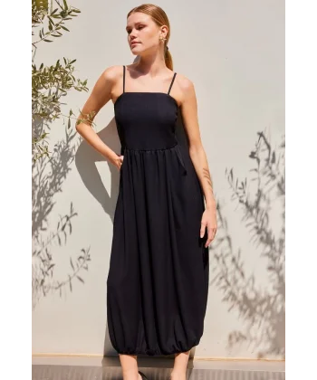 2492 Askılı Örme Salopet Elbise  Siyah