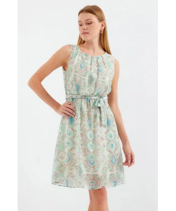 2501 Desenli Sıfır Kol Şifon Elbise - Mint