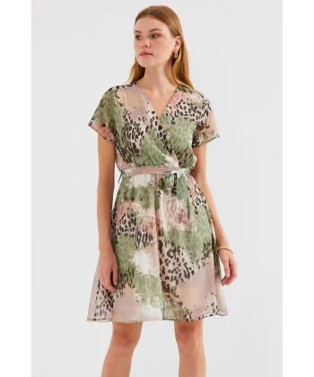 2502 Kısa Kol Desenli Şifon Elbise  Çağla