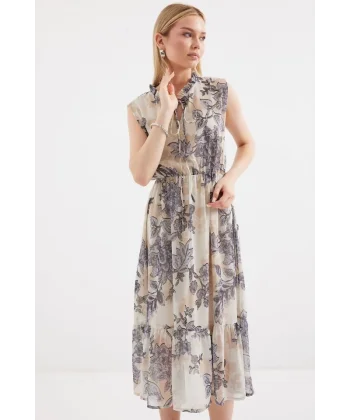 2503 Desenli Sıfır Kol Şifon Elbise  Antrasit