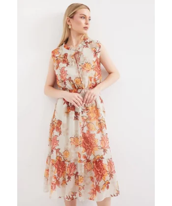 2503 Desenli Sıfır Kol Şifon Elbise  Kiremit