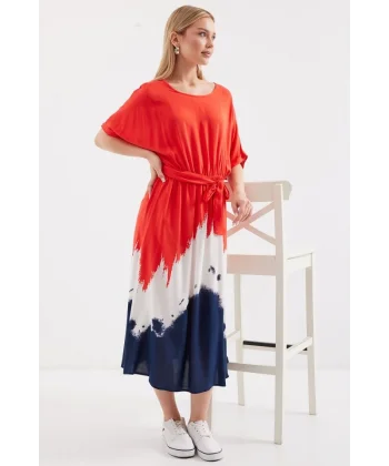 2504 Desenli Kısa Kol Viskon Elbise - Kırmızı