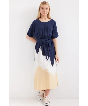 2504 Desenli Kısa Kol Viskon Elbise - Lacivert