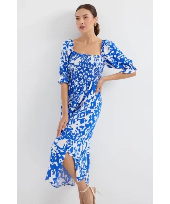 2512 Desenli Yırtmaçlı Elbise  Saks