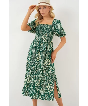 2512 Desenli Yırtmaçlı Elbise - Zümrüt Yeşili