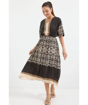 2517 Desenli Kısa Kol Viskon Elbise  Siyah