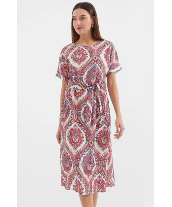 29 Kemerli Keten Elbise  Nar