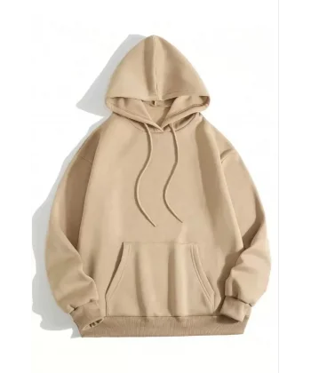 3 İplik Pamuklu Unisex Kapşonlu Sweetshirt - Bej