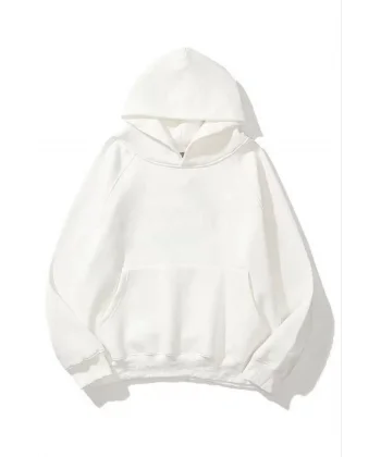 3 İplik Pamuklu Unisex Kapşonlu Sweetshirt - Beyaz