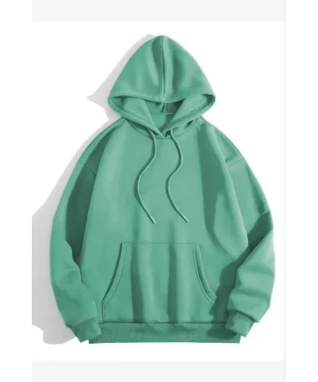 3 İplik Pamuklu Unisex Kapşonlu Sweetshirt - Mint Yeşili