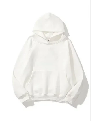 3 İplik Pamuklu Unisex Kapşonlu weetshirt  Beyaz
