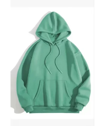 3 İplik Pamuklu Unisex Kapşonlu weetshirt  int Yeşili