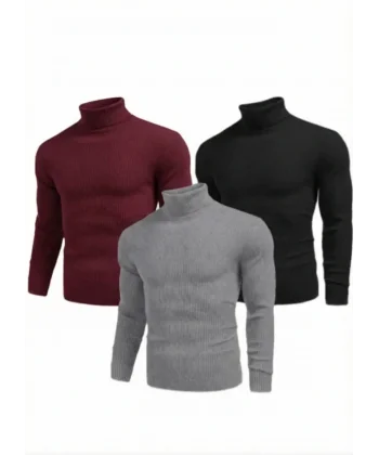 3lü Siyah, Bordo, Gri Unisex Kaşkorse Boğazlı Full Likralı Fitilli Body Kazak