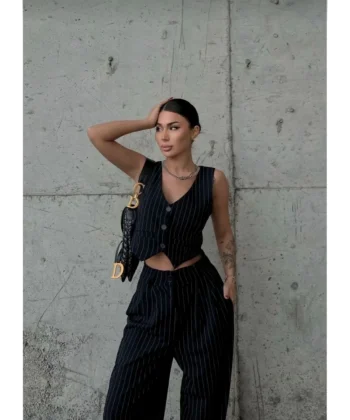 3 Lü Takım Beyaz Çizgi Detaylı Crop Yelek Ceket Bol Kesim Bol Paça Pantolon Alt Üst Takım  Lacivert