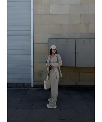 3 Lü Takım Beyaz Çizgi Detaylı Crop Yelek Ceket Bol Kesim Bol Paça Pantolon Alt Üst Takım  Beyaz