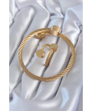 316L Çelik Gold Renk Sarmal Model Erkek Bileklik Yüzük Kombini