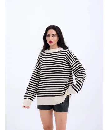 3344 ÇİZGİLİ SALAŞ KAZAK-KREM-SİYAH