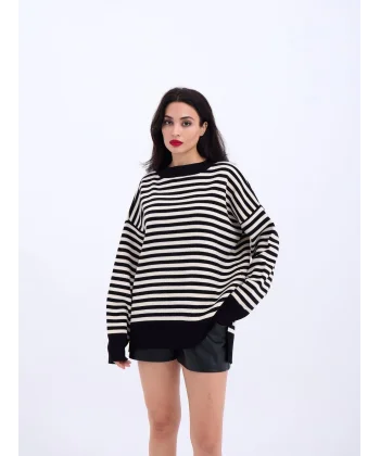 3344 ÇİZGİLİ SALAŞ KAZAK-SİYAH-KREM