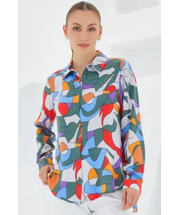 3721 Grafik Desenli Gömlek  E.Haki