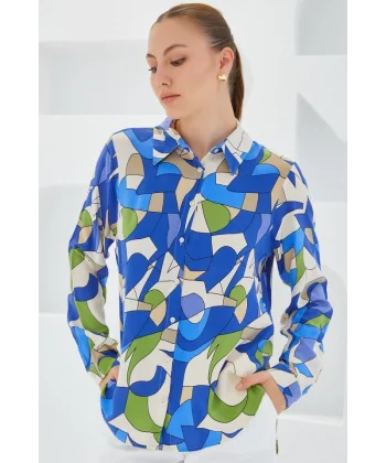 3721 Grafik Desenli Gömlek  İndigo